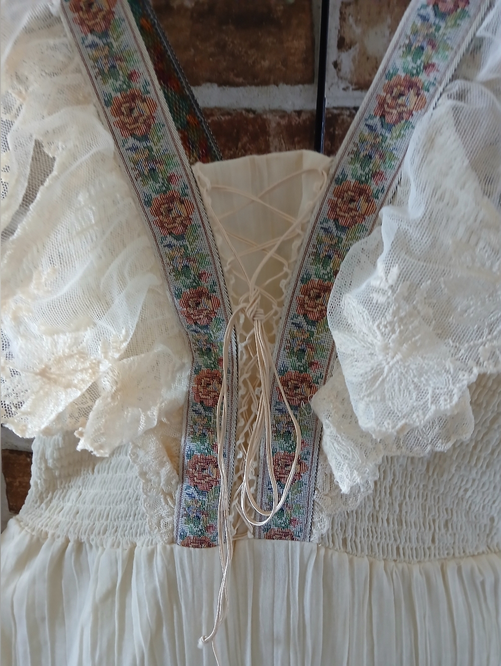 Vintage VICKY VAUGHN Prairie BOHO Cream LACE Summer MAXI Romantic DRESS XS S - Picture 6 of 14